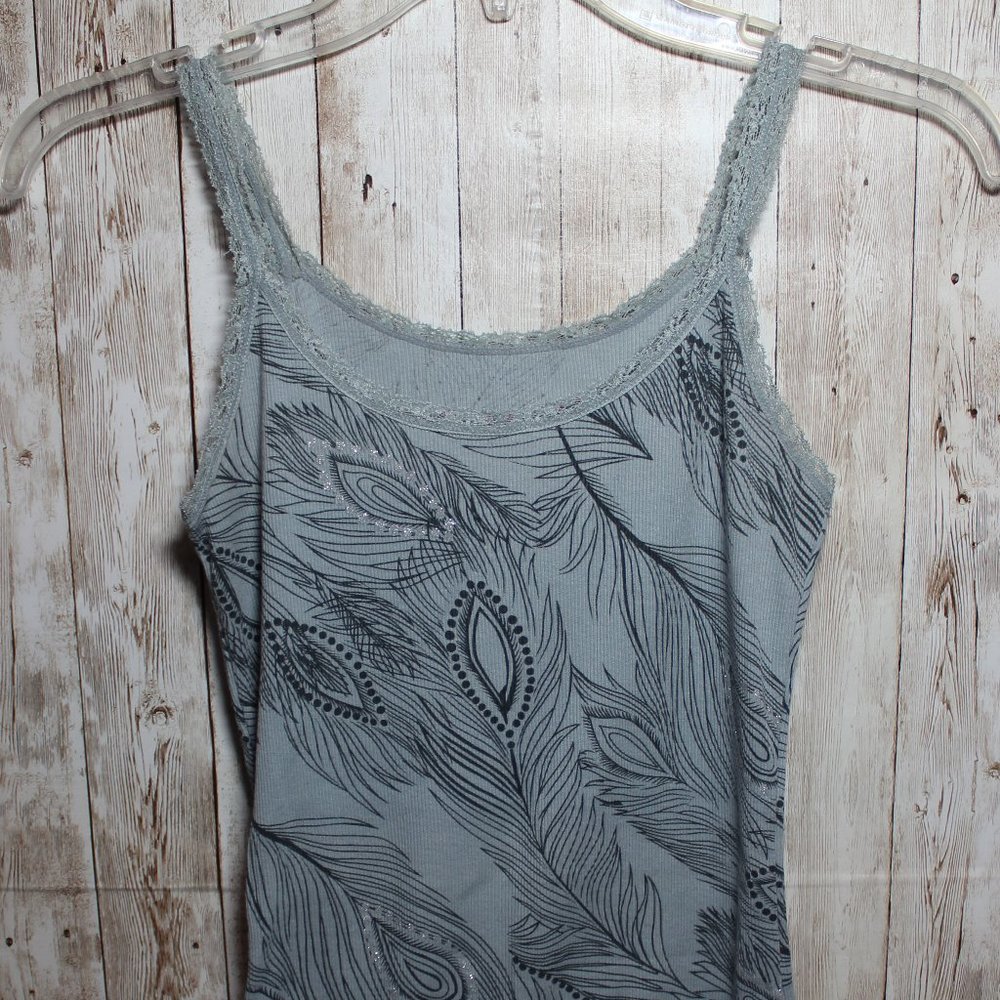 Lilu Grey Black peacock print Ribbed Tank Small